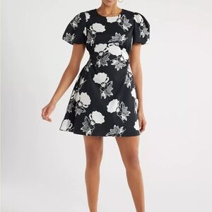 NWT SCOOP BLACK WHITE CUTOUT POPLIN DRESS WITH PUFFED SLEEVES SZ M 8-10 $32